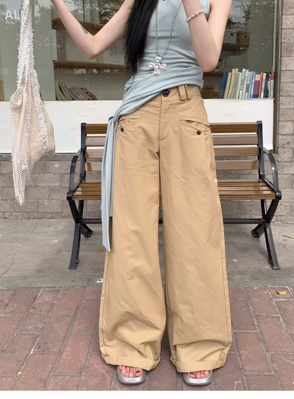 Calças cargo coreanas para mulheres, moda casual, cintura alta, bolsos retos, pernas largas, calças de verão, pantalon femme - Imagem 3