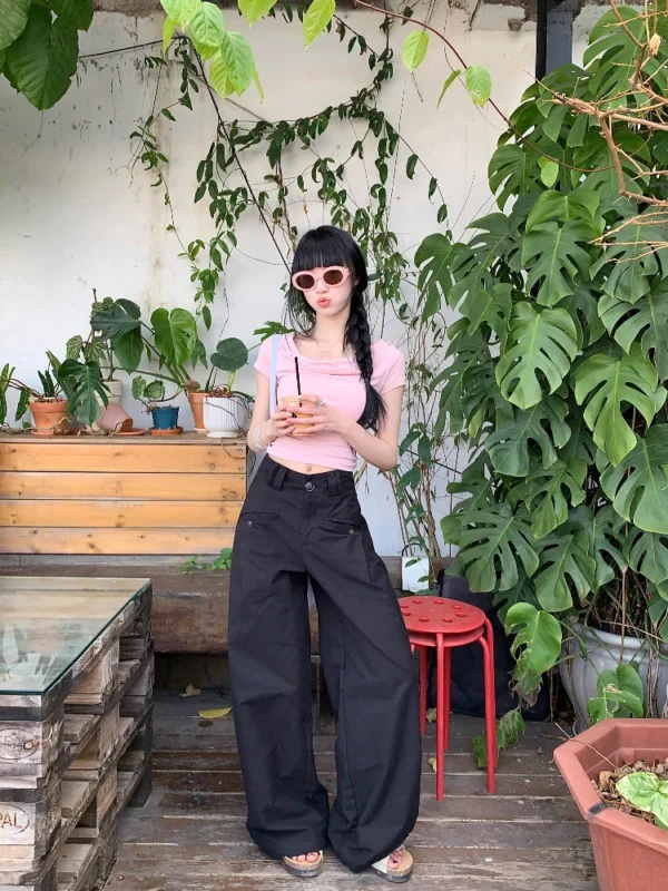 Calças cargo coreanas para mulheres, moda casual, cintura alta, bolsos retos, pernas largas, calças de verão, pantalon femme - Imagem 10