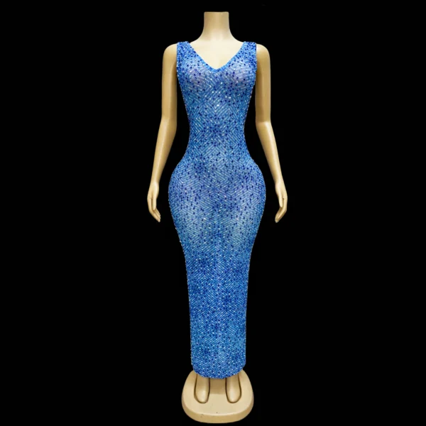 Luxo azul rheinstone com decote em v sem mangas elegante vestido azul senhoras trajes de celebração à noite mostrar trajes heshibi