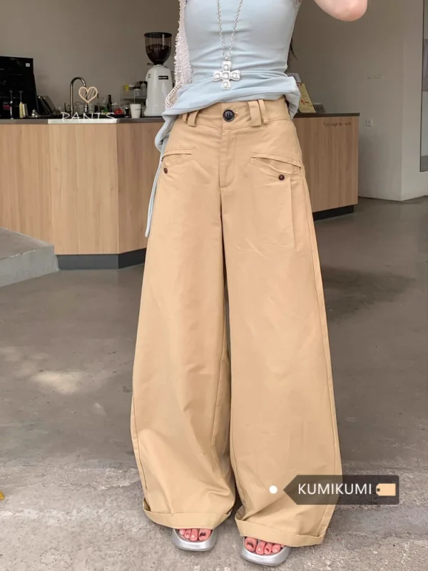 Calças cargo coreanas para mulheres, moda casual, cintura alta, bolsos retos, pernas largas, calças de verão, pantalon femme