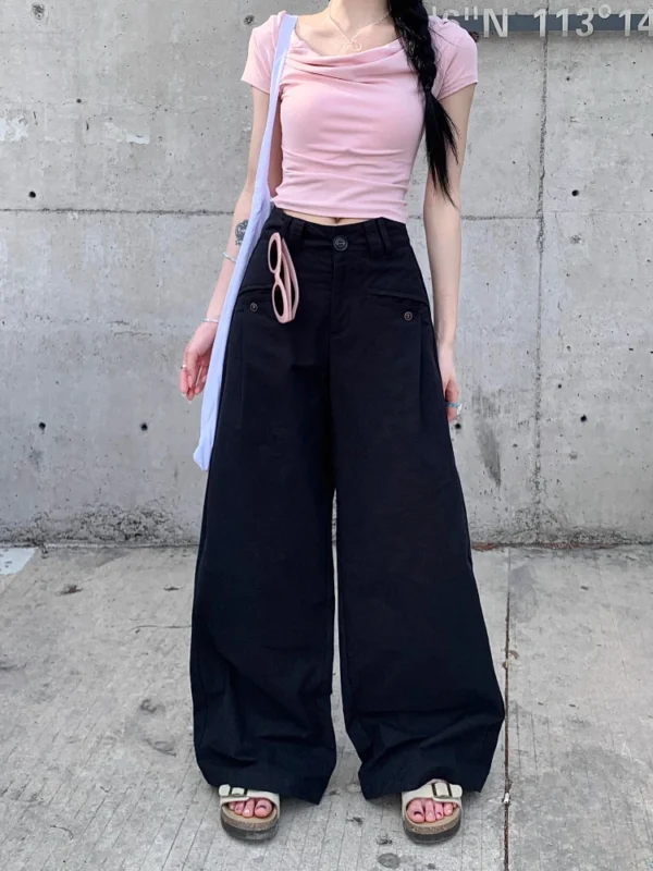 Calças cargo coreanas para mulheres, moda casual, cintura alta, bolsos retos, pernas largas, calças de verão, pantalon femme - Imagem 7